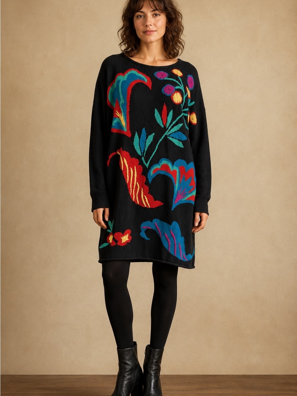 Vintage 80-90 Metropolis by Catharine Lover Floral Sweater Tunic Black Size M